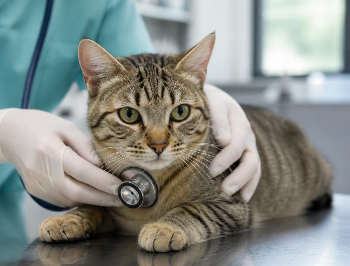 Gato revisado con estetoscopio