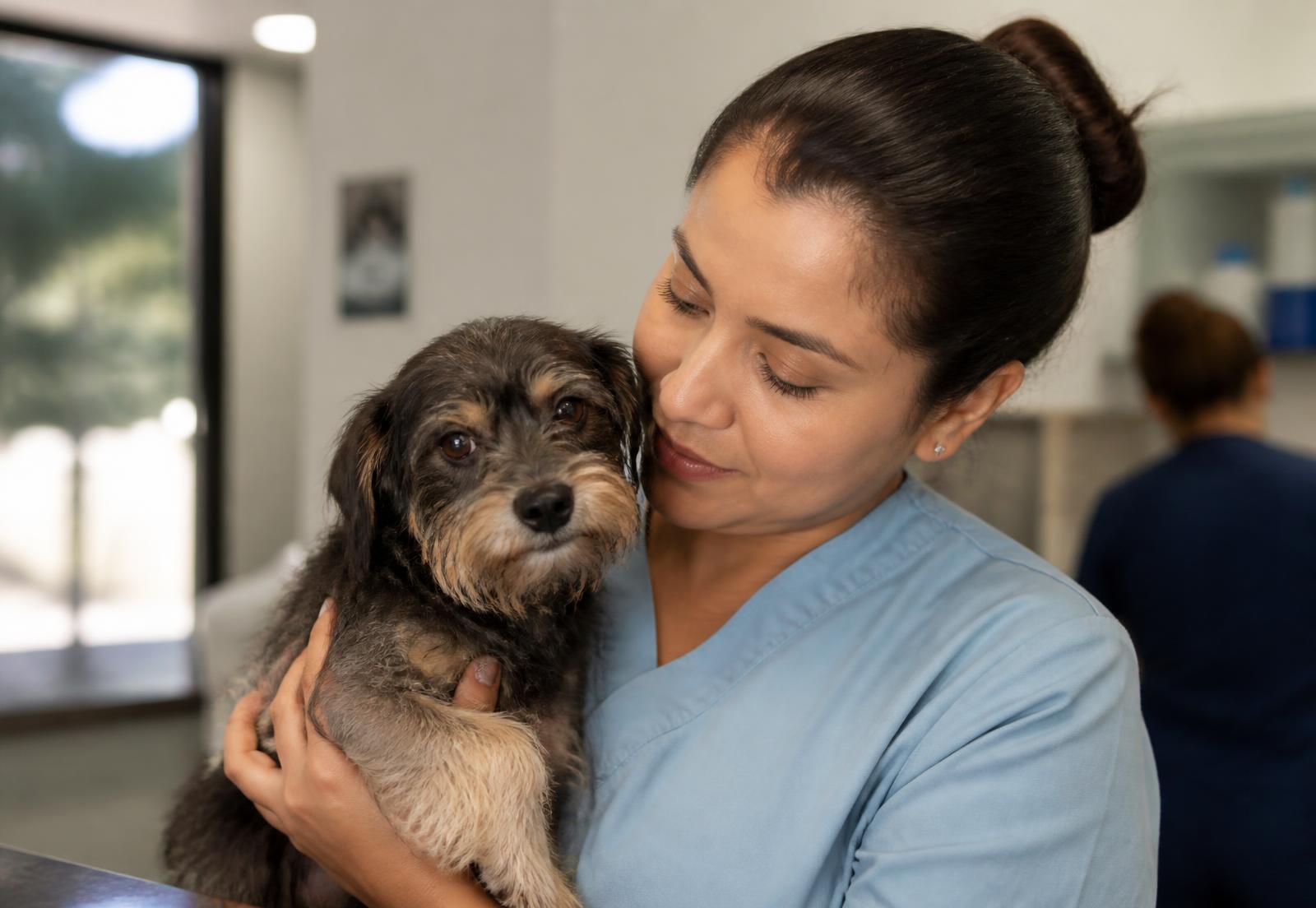 Veterinaria sonriendo mientras carga a un perro pequeño en la recepción de la clínica