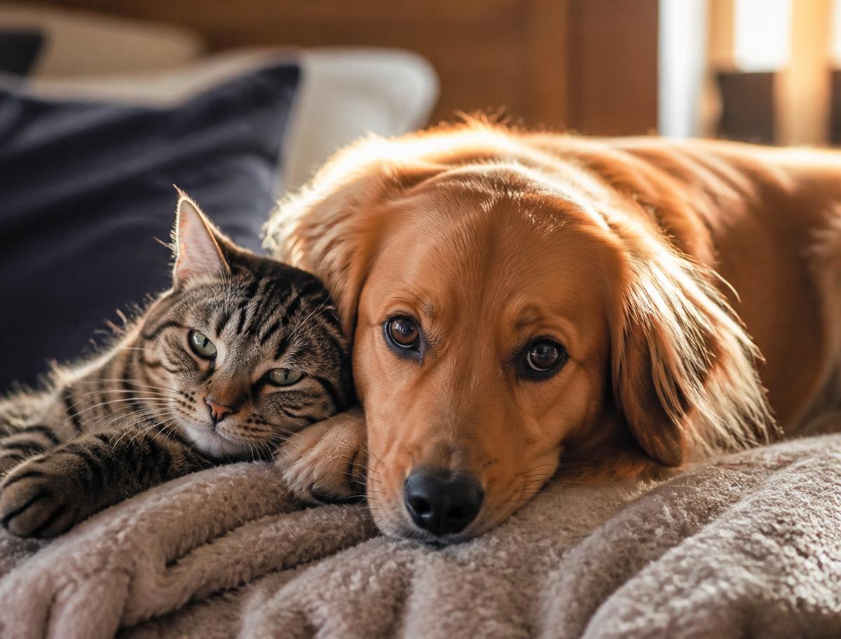 Perro y gato juntos sobre una manta
